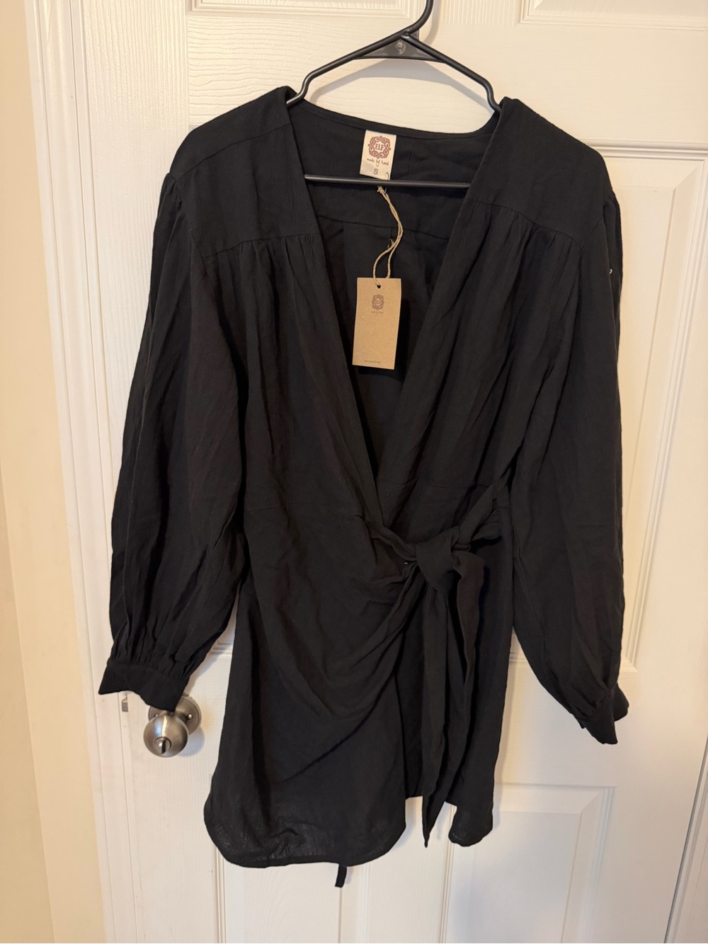 ELF Handmade 100% Linen Black Tie wrap around Dress NWT